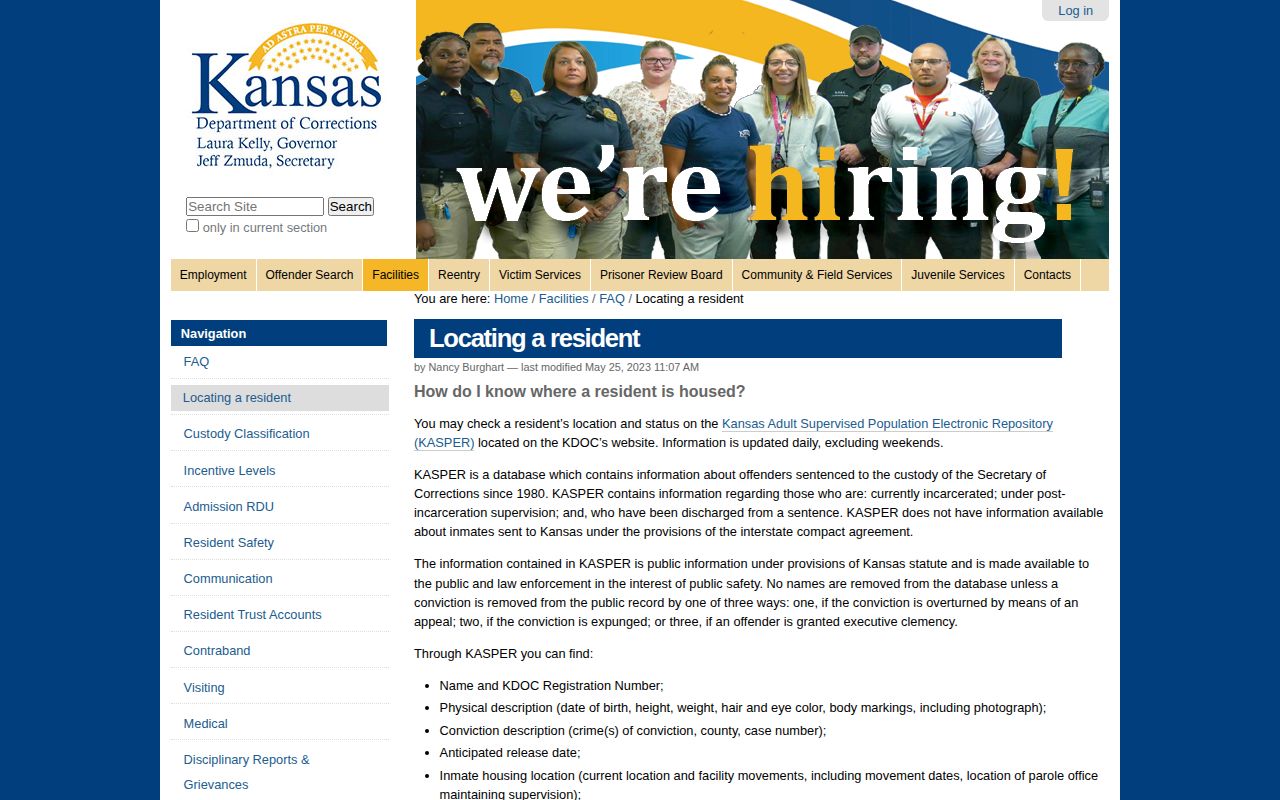 Kansas Department of Corrections resident locating page